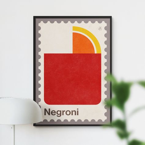 Negroni Stamp Print with Vintage Texturing, Retro Style Negroni Cocktail Poster, Unique Negroni Wall Art, Cocktail Lovers Gift Negroni Illustration, Negroni Art, Minimal Bar, Bar Cart Wall, Negroni Cocktail, Art Cocktail, Poster Flat, Stamp Print, Mid Century Minimalist