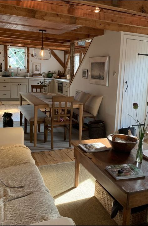 White Cabin Aesthetic, Cabin Additions Layout, Kitchen Ideas For Cabin, Farmhouse Ranch Style Homes Interior, Wood Stove Under Stairs, Modern Colonial Bedroom Ideas, Books Stacked On Floor Aesthetic, French Country Tiny House, A Frame Loft Ideas