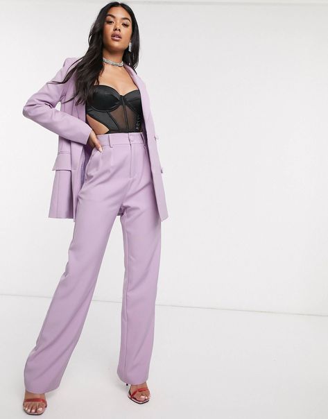 Dressy Pant Suits, Wide Leg Suit Pants, Hslot Outfit Ideas, Dress Pants Outfits, Grad Outfits, Womens Straight Leg Pants, Pant Suits For Women, Purple Suits, Color Blocking Outfits