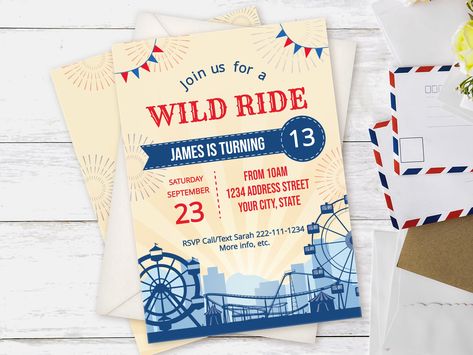 Amusement park birthday party invitation template,  Editable Birthday Carnival invitation, Theme Park invite, Instant Download, P002 Amusement Park Birthday Party, Amusement Park Birthday, Park Birthday Party, Birthday Party At Park, Park Scene, Carnival Invitations, Birthday Carnival, Ferris Wheels, Park Birthday