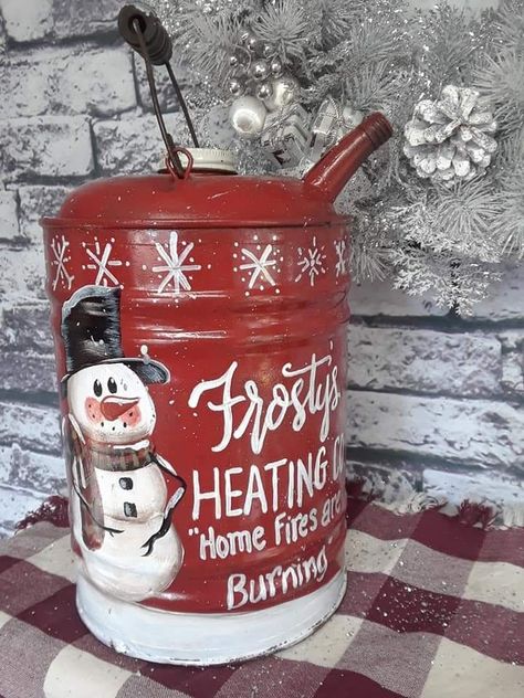 Painted Gas Can, Gas Can Christmas Decor, Barn Board Crafts, Christmas Couture, Baseball Snowman, Decorating With Snowmen, Painted Snowmen, Painted Tin Cans, Primitive Christmas Decorating