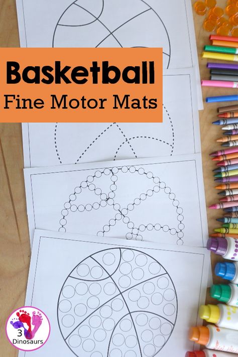 Free Basketball Fine Motor Dot Marker Printables - with four pages of printables with basketball template to color, basketball to trace, basketball to q-tip and a dot marker basketball, all great for spring and summer fine motor centers. - 3Dinosaurs.com #basketball #finemotor #prek #preschool #tot #kindergarten #basketballforkids #3dinosaurs #freeprintable Exercise Crafts For Preschool Art Projects, Basketball Crafts For Preschoolers, Basketball Sensory Bin, Basketball Fine Motor Activities, Basketball Preschool Craft, March Madness Preschool Activities, Sports Theme Toddler Activities, Simple Prek Crafts, Basketball Activities For Preschool