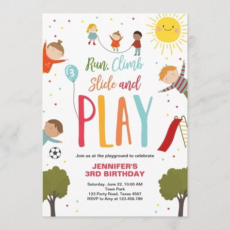 Kids' Zone: Birthday Party Invitation 7th Birthday Party For Boys, Playground Party, Party In The Park, Birthday Party At Park, First Birthday Posters, Park Birthday, Outdoor Birthday, 1st Birthday Invitation, Park Playground