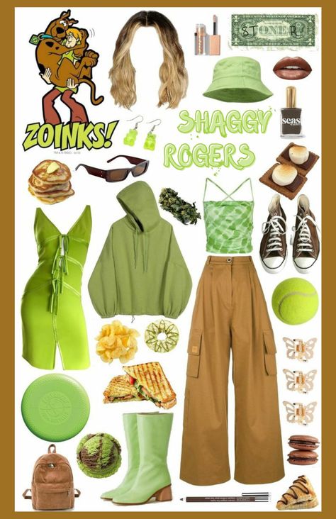 Color Themed Outfits, Shaggy Inspired Outfits Scooby Doo, Shaggy From Scooby Doo Costumes, Cute Shaggy Costume, Outfits Based On Characters, Shaggy Inspired Outfits, Cartoon Character Inspired Outfits, Shaggy Halloween Costume Girl, Shaggy Girl Costume