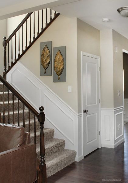 Benjamin Moore Revere Pewter (in real houses!) - How to Nest for Less™ Staircase Molding, Popular Grey Paint Colors, Bm Revere Pewter, Pewter Benjamin Moore, Revere Pewter Benjamin Moore, White Molding, Greige Paint Colors, Popular Paint Colors, Revere Pewter