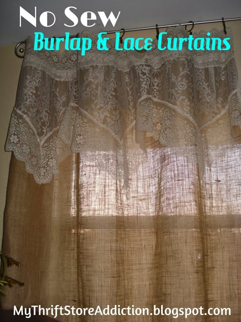 My Thrift Store Addiction: Refresh Your Home: No Sew Burlap And Lace Curtains! #DIY #EasyCurtains #BurlapAndLace Diy Boho Curtains Living Room, Burlap Curtains Farmhouse, Burlap Curtains Bedroom, Burlap Kitchen Curtains, No Sew Burlap Curtains, Burlap Window Treatments With Flowers, Sunroom Curtains, Burlap Curtains Diy, Burlap Window Treatments