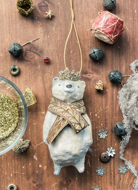 Spun Cotton Ornaments, Glass Crown, Paper Mache Christmas, Cotton Ornaments, Paper Mache Animals, Christmas Crafty, Paper Mache Art, Paper Mache Crafts, Cotton Crafts