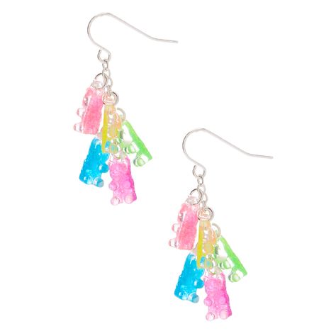 1" Rainbow Gummy Bear Drop Earrings | Claire's US Food Squishmallows, Rainbow Gummy Bears, Emo Earrings, Indie Necklace, Claires Earrings, Crazy Earrings, Unicorn Earrings, Kawaii Earrings, Kawaii Jewelry