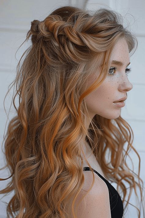 40 Glam Christmas Hairstyles That Will Sleigh Every Party Christmas Party Hairstyles Long, Curly Top Knot Bun, Christmas Hair Ideas, Curly Top Knot, Blowout Curls, Side Braid With Bun, Hollywood Curls, Christmas Party Hairstyles, Short Hair Waves