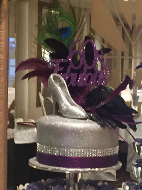 Silver and purple high heel feathers bling 60th Birthday cake Purple And Bling Party, Purple And Silver Birthday Party, Surprise 60th, Bling Cakes, 60th Birthday Cake, Purple Cakes Birthday, Purple High Heels, Birthday Purple, Bling Party