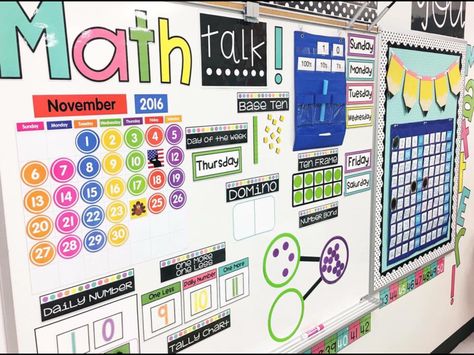 Math talk board Kindergarten Math Wall, 1st Grade Calendar, Kindergarten Calendar, Math Meeting, Math Wall, Calendar Math, Math Talk, Elementary School Classroom, Daily Math