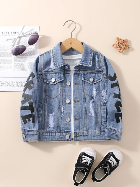 Light Wash Casual Collar Long Sleeve Denim Letter Other Embellished Non-Stretch  Toddler Boys Clothing Denim Long Sleeve Outfit, Ripped Denim Jacket, Toddler Boy Outfits, Ripped Denim, Boys Clothing, Kids Jacket, Toddler Boys, Fashion Online Shop, Boy's Clothing