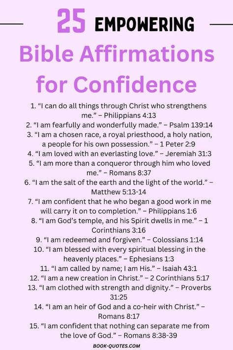 "Empower yourself with biblical affirmations for unshakeable confidence and unwavering self-esteem! Dive into a treasury of uplifting scriptures to bolster your spirit! Discover the strength of faith through verses that inspire courage, resilience, and self-worth. Let the timeless wisdom of the Bible guide you on a journey of self-discovery and empowerment. Build a foundation of confidence rooted in faith, and watch as your self-esteem blossoms like never before. #BibleAffirmations #SelfEsteem #ConfidenceBoost" Scriptures For Wisdom, Scriptures On Confidence, Scriptures For Growth, Faith Building Scriptures, Bible Verse Self Worth, Christian Self Esteem Quotes, Words Of Confidence, Scripture About Confidence, Scripture For Confidence