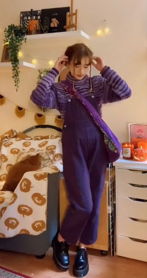 Artist Clothing Aesthetic, Craft Inspired Outfits, Astro Boots Outfit, Amity Inspired Outfits, Artsy Eclectic Fashion, Funky Retro Outfits, Purple Overalls Outfit, Winter Artsy Outfit, Colorful Whimsigoth Outfits