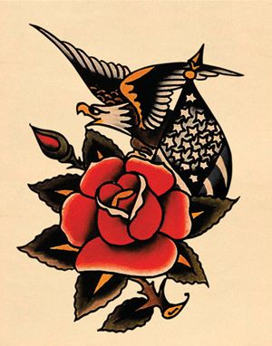 sailor jerry / rose / eagle / american flag American Flag Traditional Tattoos, Graph Tattoo, Sailor Jerry Tattoo Flash, Old School Rose, Tattoo Roses, Famous Tattoo Artists, Sailor Jerry Tattoos, Tattoo Old School, Traditional Roses