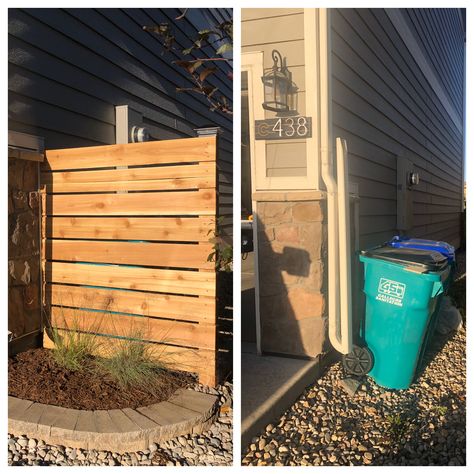 Trash Can Wall, Trash Can Fence, Fence Around Trash Cans, Hiding Trash Cans Outside, Hide Trash Cans Lowe's, Privacy Fence For Trash Cans, Trash Can Concealer Outdoor, Lattice Garbage Can Enclosure, Homemade Outdoor Furniture