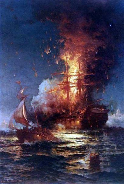 "Burning of the Frigate Philadelphia in the Harbor of Tripoli, February 16, 1804". Oil on canvas, 60" by 42", by Edward Moran (1829-1901), signed and dated by the artist, 1897. It depicts USS Philadelphia, previously captured by the Tripolitans, ablaze after she was boarded and set afire by a party from the ketch Intrepid led by Lieutenant Stephen Decatur. Painting in the U.S. Naval Academy Museum Collection. Gift of Paul E. Sutro, 1940. Official U.S. Navy Photograph, KN 10849 (Color).