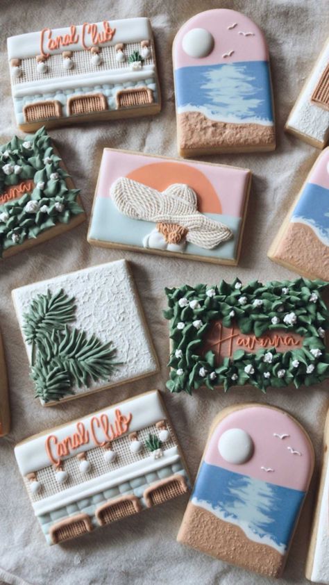 Sunset Cookies Decorated, Lake Theme Cookies Decorated, Sunset Cookies, Maine Cookies Decorated, Beach Wedding Cookies Royal Icing, Florida Cookies Decorated, Beach Birthday Cookies Decorated, Cookie Table Wedding, Cottage Bakery