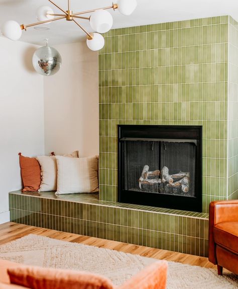 Tile In Fireplace, Fireplace Green Tile, Retro Fireplace Mid Century, Stacked Tile Fireplace, Yellow Brick Fireplace, Living Room Wall Tiles Ideas, Half Wall Fireplace, Vertical Stacked Tile, Chimney Wall Ideas