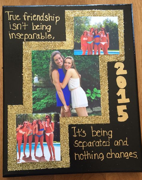 Adorable homemade graduation gifts my crafty daughter made for her friends using a 16x20 canvas, Photos and Modge Podge! #classof2015 Diy Grad Gifts For Friends, Bestie Graduation Gifts, Graduation Present Ideas For Friends, Graduation Gift Ideas For Best Friend, Grad Gifts For Best Friends, Grad Presents, Homemade Graduation Gifts, Best Friend Graduation Gift, Diy Wedding Buffet