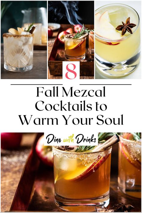 Collage of 4 fall mezcal cocktails. Fall Drinks Alcohol, Cocktail Shaker Recipes, Amaro Cocktails, Cider Cocktail Recipes, Unique Drinks, Cocktail Recipes Tequila, Mexican Cocktails, Bourbon Cocktail Recipe, Mezcal Tequila