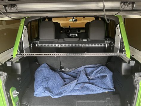 DIY Adjustable Height Rear Storage Rack & Shelf (Not bolted to hardtop! :)) | Jeep Wrangler Forums (JL / JLU) For Rubicon, 4xe, 392, Sahara, Sport - JLwranglerforums.com Trunk Shelf, Jeep Wrangler Diy, Jeep Wrangler Forum, Jeep Jku, Sliding Shelves, Plastic Trim, Aluminum Extrusion, Dune Buggy, Rack Shelf