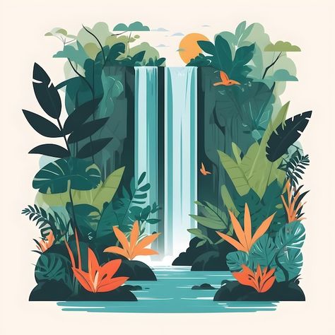 Tropical Background Illustration, Vector Illustration Background, Liril Soap, Waterfall Illustration, Waterfall Poster, Landscape Waterfall, Hidden Waterfall, Nature Illustrations, Fall Artwork