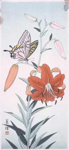 Asian Lilies, Butterflies Illustration, Japanese Art Modern, Japanese Woodblock Print, Chinese Landscape Painting, Japanese Drawings, Japanese Art Prints, Butterfly Illustration, Japanese Woodblock