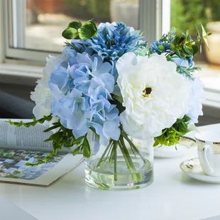 Laurel Foundry Modern Farmhouse Hydrangea Floral Arrangement in Vase | Wayfair Peony And Hydrangea, Shower 2023, Hydrangea Flower Arrangements, Hydrangea Shrub, Fake Flower Arrangements, Flower Board, Growing Peonies, Hydrangea Centerpiece, Hydrangea Arrangements