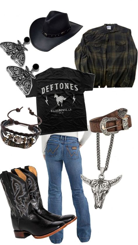 idk cute western outfit Emo Country Outfits, Rock Country Outfit, Alternative Country Outfits, Yallternative Women, Emo Country Aesthetic, Dark Country Outfits, Country Mcbling, Western Outfits Women Concert, Country Grunge Outfits