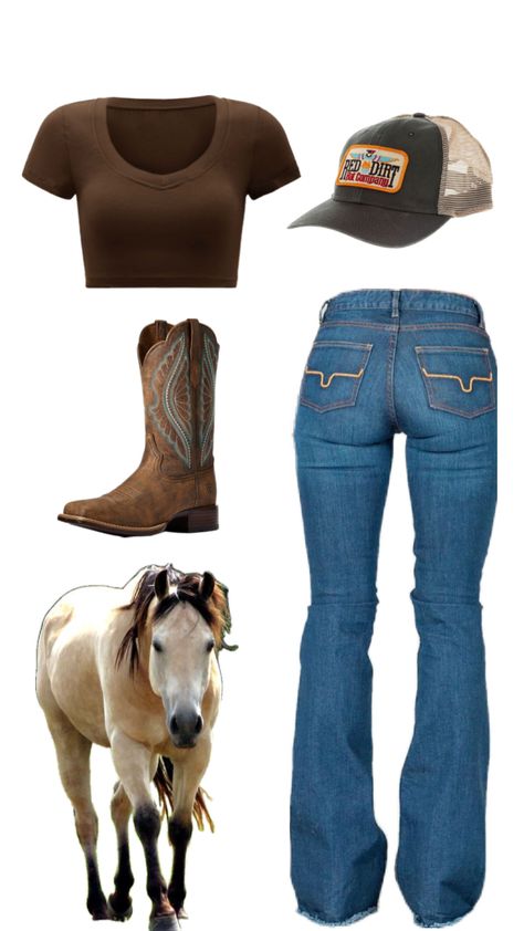 Country Female Outfits, Cowgirl Outfits Simple, Women’s Cowgirl Outfit Ideas, Asthetic Cowgirl Outfits, Western Country Outfits Women, Cowgirl Casual Outfits, Brown Vaquera Outfit, Cow Girl Asthetic Outfits, Country Aesthetic Outfit