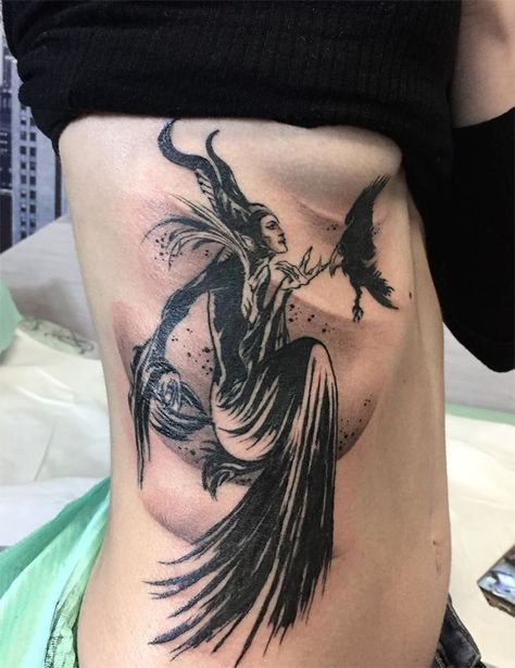 Maleficent Crow Tattoo, Maleficent Crow, Big Cover Up Tattoos, Maleficent Tattoo, Crow Tattoo, Cover Up Tattoos, Maleficent, Flower Tattoos, Girl Tattoos