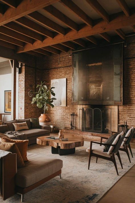 9 Industrial Style Living Room Inspirations to Transform Your Space (List) - Fabricerie Light Industrial Interior Design, Brick Living Room Decor, Exposed Brick Living Room, Loft Living Room Design, Exposed Brick Interior, Concrete Floors Living Room, Style Living Room Ideas, Modern Scandinavian Living Room, Brick Living Room