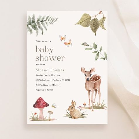 $2 | Enchanted Forest Animals Baby Shower Invitation - baby shower, baby, autumn, fall, floral, forest, mushroom, boho, woodland, animals Simple Baby Shower Ideas, Forest Baby Shower Invitations, Enchanted Forest Animals, Enchanted Forest Baby Shower, Invitation Disney, Forest Animal Baby Shower, Unique Baby Shower Themes, Forest Baby Showers, Boho Baby Shower Invitations