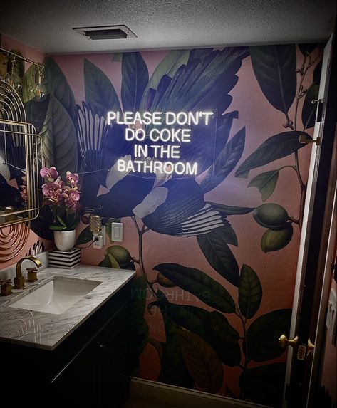 Neon Signs Bathroom, Neon Sign Bathroom, Mens Bathroom Ideas, Palm Springs Bathroom, Mens Bathroom, Neon Wall Signs, Floral Bathroom, Downstairs Loo, Wedding Girl