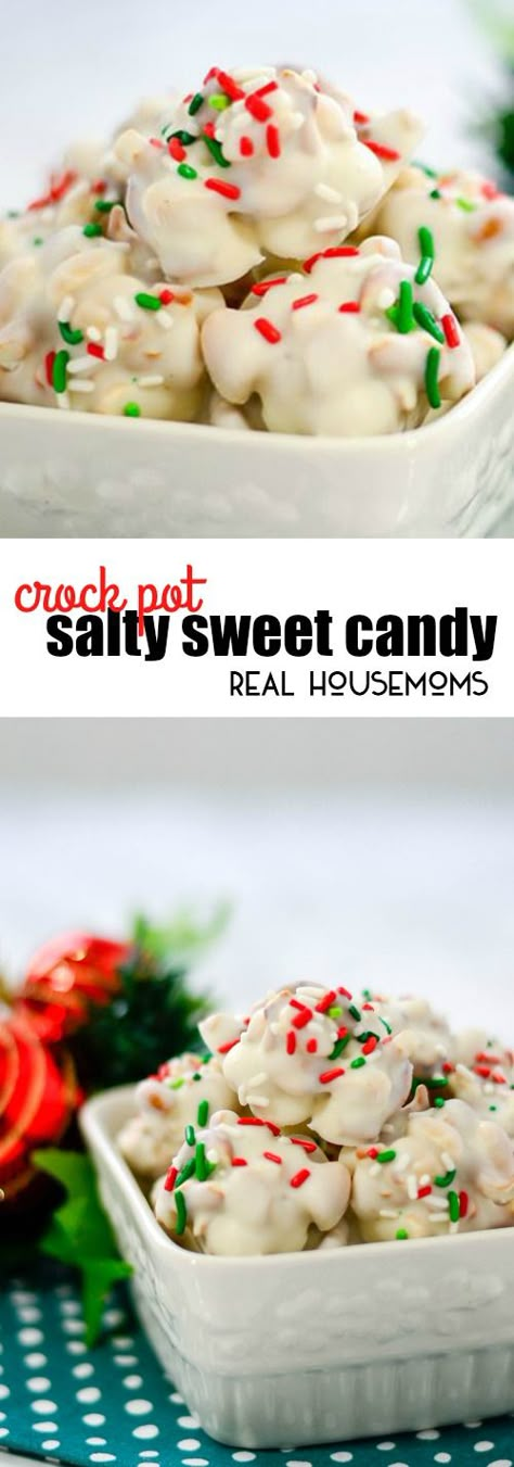 Crock Pot Salty Sweet Candy is an easy to make dessert my whole family loves! This recipe makes a big batch for everyone on your nice list! via @realhousemoms Make Dessert, Crock Pot Desserts, Crock Pot Recipes, Christmas Candy Recipes, Easy To Make Desserts, Nice List, Homemade Candies, Candy Desserts, Köstliche Desserts