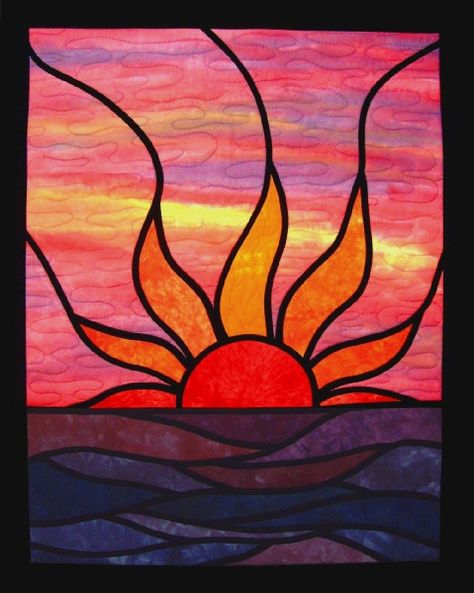 Home Mosaic Sunset Over Water, Stained Glass Sunset Landscapes, Sunrise Stained Glass Pattern, Sunset Stained Glass Pattern, Mosaic Sunset, Sunset Quilt, Mermaid Mosaic, Diy Stained Glass Window, Window Crafts