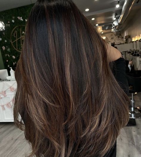 Dark Brown Full Highlights, Back Hair Highlights, Full Brown Balayage, Darker Brown Highlights, Highlights Black Hair Balayage, Brown Hair Colors Straight Long, Carmel Balayage Black Hair, Super Light Highlights On Brown Hair, Soft Caramel Highlights On Dark Hair