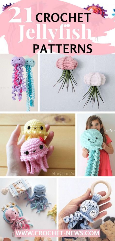 21 Crochet Jellyfish Patterns Crochet Jellyfish, Friendship Bread, Crochet Bloggers, Pink Jellyfish, Crocheted Jellyfish, Knit Jewelry, Light And Darkness, Crochet Decrease, Plushie Patterns