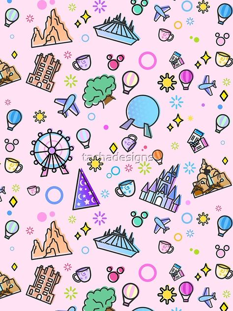 "Meet me at my Happy Place Pink Pattern. Happiest Place on Earth Icon Set." Sleeveless Top by tachadesigns | Redbubble Disney Pattern Wallpaper, Disney Summer Wallpaper, Disney Art Painting, Disney Ipad Wallpaper, Earth Icon, Disney Mural, Disney Pattern, Disney Doodles, Starting An Etsy Business