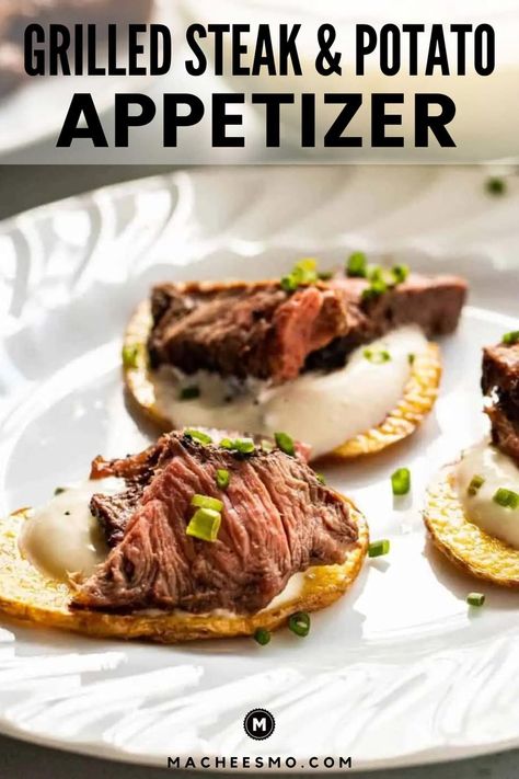 A fantastic way to cook steak and serve it to a group as a very fancy appetizer! This juicy sliced steak topped on crispy potato slices and a cream Fraiche sauce will be the winner of the night and impress all of your guests. So, if your looking for an amazing recipe to serve at your next dinner party this is a must. Your classic meat and potatoes but served in an elegant way! I love the taste of this recipe with grilled steak versus pan fried! Steak And Potato Appetizer, Steak Appetizers Easy, Steak And Potato Bites, 2024 Appetizers, Potato Coins, Cream Fraiche, Tater Tot Appetizers, Steak Appetizers, Ways To Cook Steak