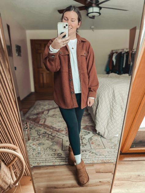 Leggings With Shacket Outfit, Shaket Jacket Outfit Orange, Ruby Shacket Outfit, Sweater And Shacket Outfit, Solid Shacket Outfit, Shaket Jacket And Leggings, Green Shaket Jacket Outfit, Corduroy Shirt Jacket Outfit, Fall Shaket Outfits