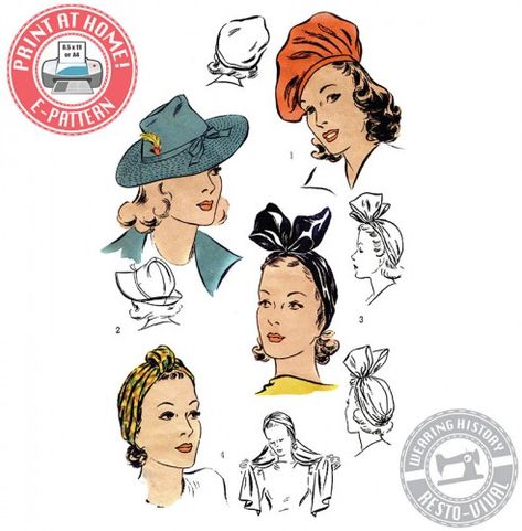 New Pattern Time! 1940's Hats + How to Tie a Turban Video ... Tie A Turban, 1940s Hats, Blithe Spirit, Hat Beret, Sewing Book, Vintage Hats, Couture Vintage, Women's Hats, Old Fashion