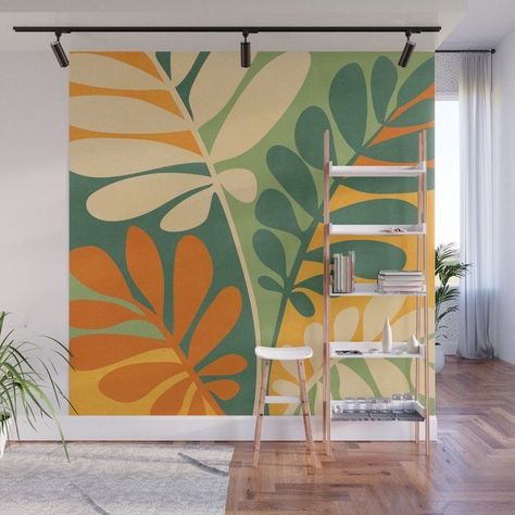 Mural Floral Painting, Green Mural Painting, Retro Mural Wall Art, Mcm Mural, Cute Wall Murals, Tropical Wall Painting, Fern Mural, Retro Wall Mural, Orange Wall Mural