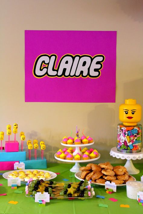 Schoolhouse Ronk: Claire's Girly Lego Party - The Decorations Lego Girls Birthday Party, Lego Party Favor, Lego Party Food, Girls Lego Party, Lego Soap, Girls Lego, Lego Party Decorations, Lego Friends Birthday, Lego Display Ideas