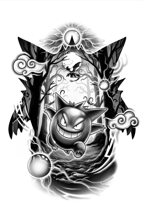 Explore the enchantment of this custom Gengar tattoo on the front thigh. In realistic black and white, Gengar sprints, casting spells towards the front and side. The forest background under the moonlight sets the mystical stage, with Charizard's silhouette soaring. An artistic fusion of Pokémon magic and ink mastery. #CustomTattoo #GengarTattoo #MoonlitMagic #ThighTattoo #RealisticInk #PokemonArt #CharizardSilhouette #TattooDesign #EnchantedInk #NighttimeTattoo Under Your Spell Tattoo, Mega Rayquaza Tattoo, Black Pokemon Tattoo, Gangart Pokemon Tattoo, Scizor Tattoo, Gengar Pokemon Tattoo, Pichu Tattoo, Gengar Tattoo Design, Game Over Tattoo