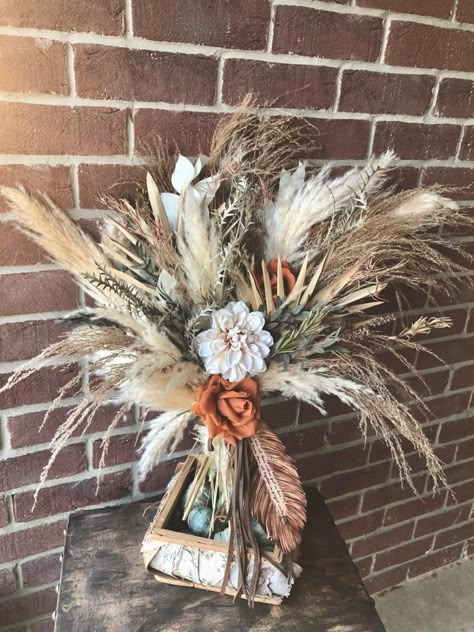 Boho Western Flower Arrangements, Western Fake Flower Arrangements, Turkey Feather Wedding Decor, Fake Fall Flower Arrangements, Western Flower Arrangements, Western Floral Arrangements, Western Wedding Bouquets, Western Bouquet, Western Wedding Flowers