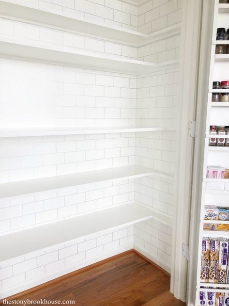 Complete shelves right side Wide Shallow Pantry Ideas, Double Door Reach In Pantry, Bifold Pantry Organization, Closet Pantry Remodel, Doors For Pantry Ideas, Hallway Pantry Closet, Long Narrow Pantry Ideas, Small Pantry Layout, Double Door Pantry Ideas