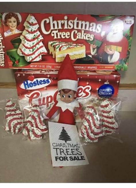 Elf With Christmas Tree Cakes, Hostess Cakes, Christmas Tree Cakes, Easy Elf On The Shelf, Easy Elf, Christmas Tree Sale, Elf On Shelf Ideas, Christmas Tree Cake, Tree Cakes