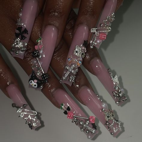 Junk nails ⭐️🖤💖 . #junknails #longnails #almondnails #bombnails #cutenails #nails #nailstyle #squarenails #pinkfrenchnails #nailinspo #hellokittynails #valentinobeautypure #lanails #nailtech #nailart #whitenails #ombrenails #airbrushnails #glitternails #pinknails #chromenails Rhinestone Junk Nails, Long Nail Design Ideas, Long Junk Nails With Charms, Junk Nails Long, Long Charm Nails, Junk Nails Bling Medium, Silver Junk Nails, Y2k Junk Nails, Junk Acrylic Nails